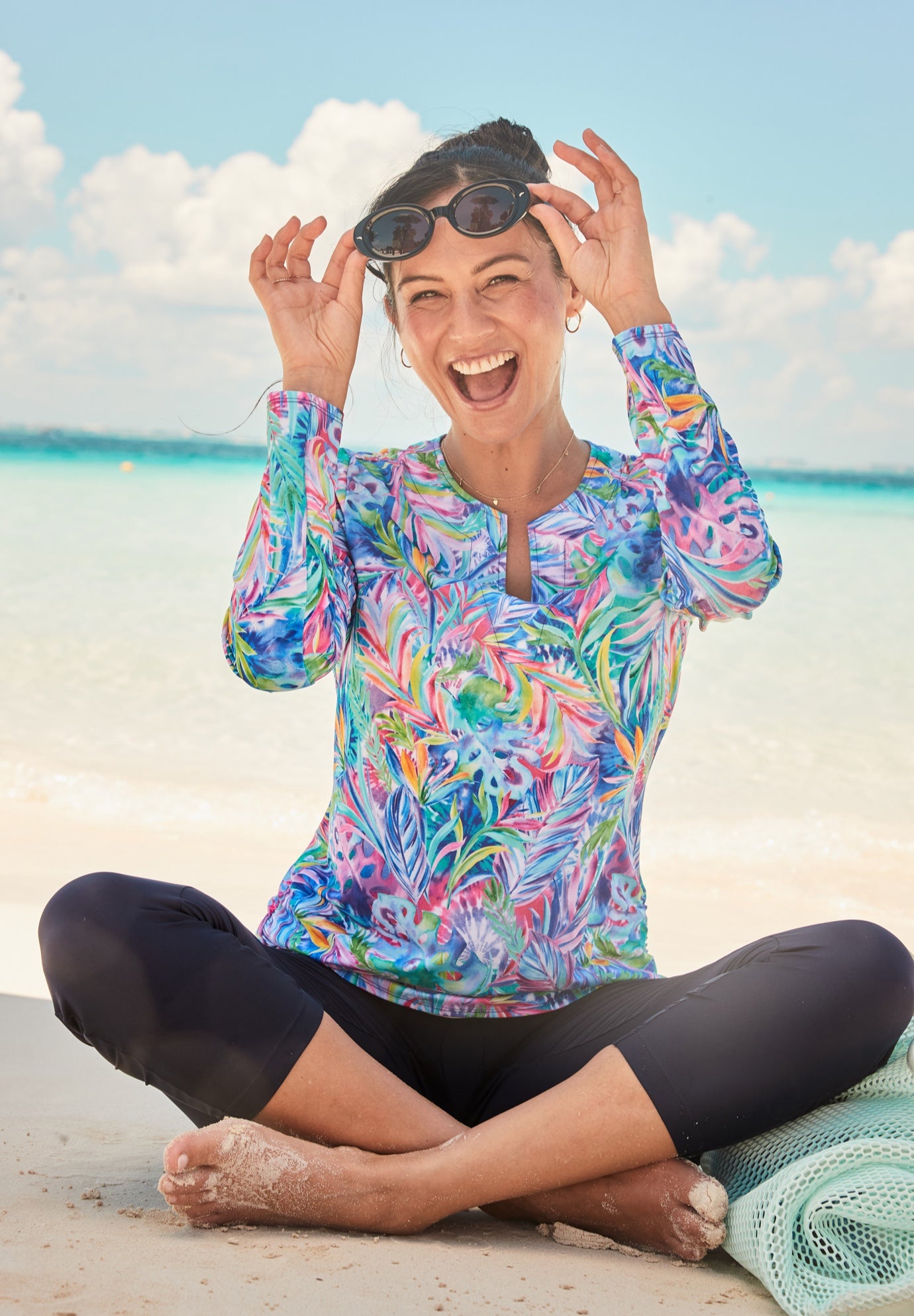 Split-Neck Long Sleeve Swim Tee with Built-In Bra image number 6