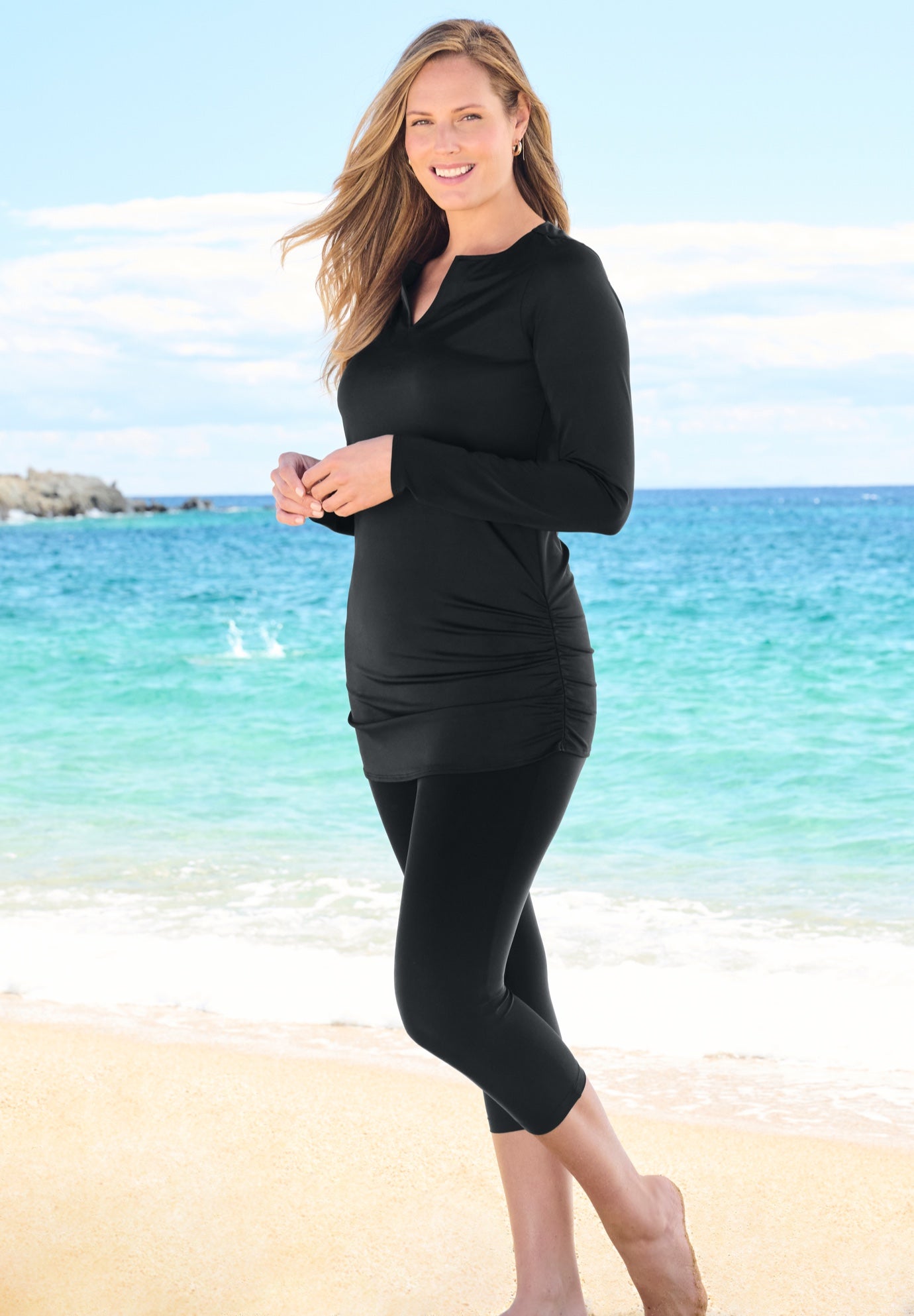 Split-Neck Long Sleeve Swim Tee with Built-In Bra image number 2