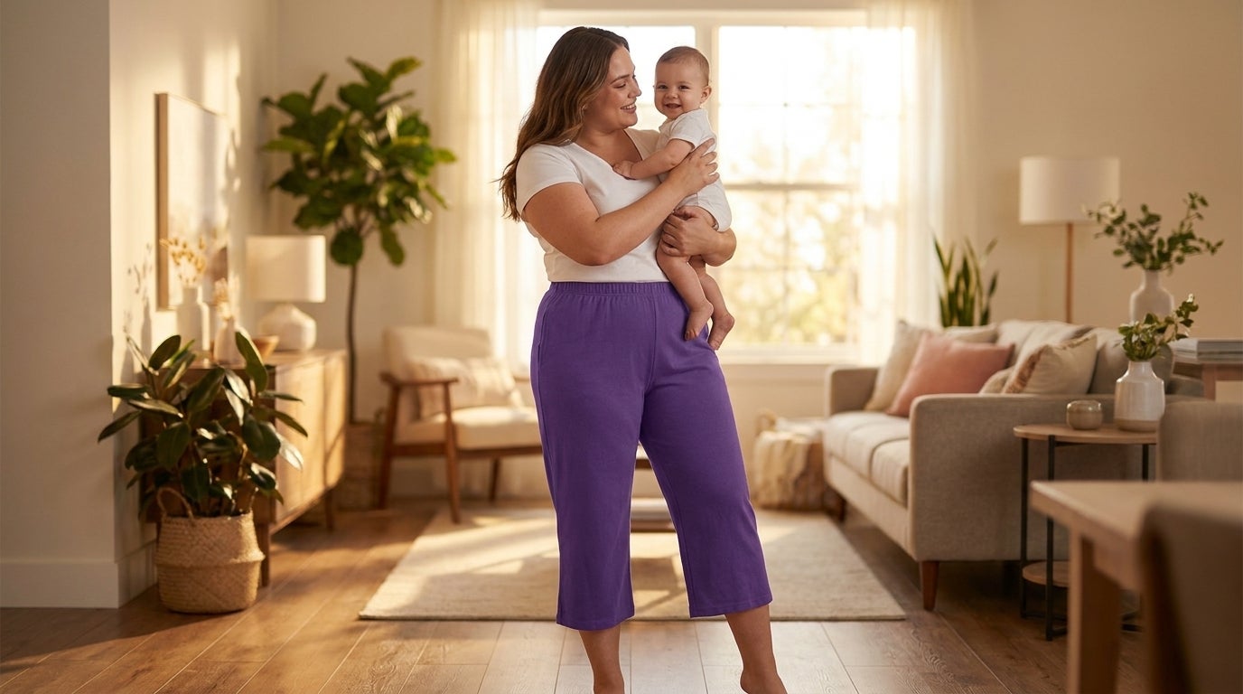 Woman in a knit capri holding her baby in a sunlit living room