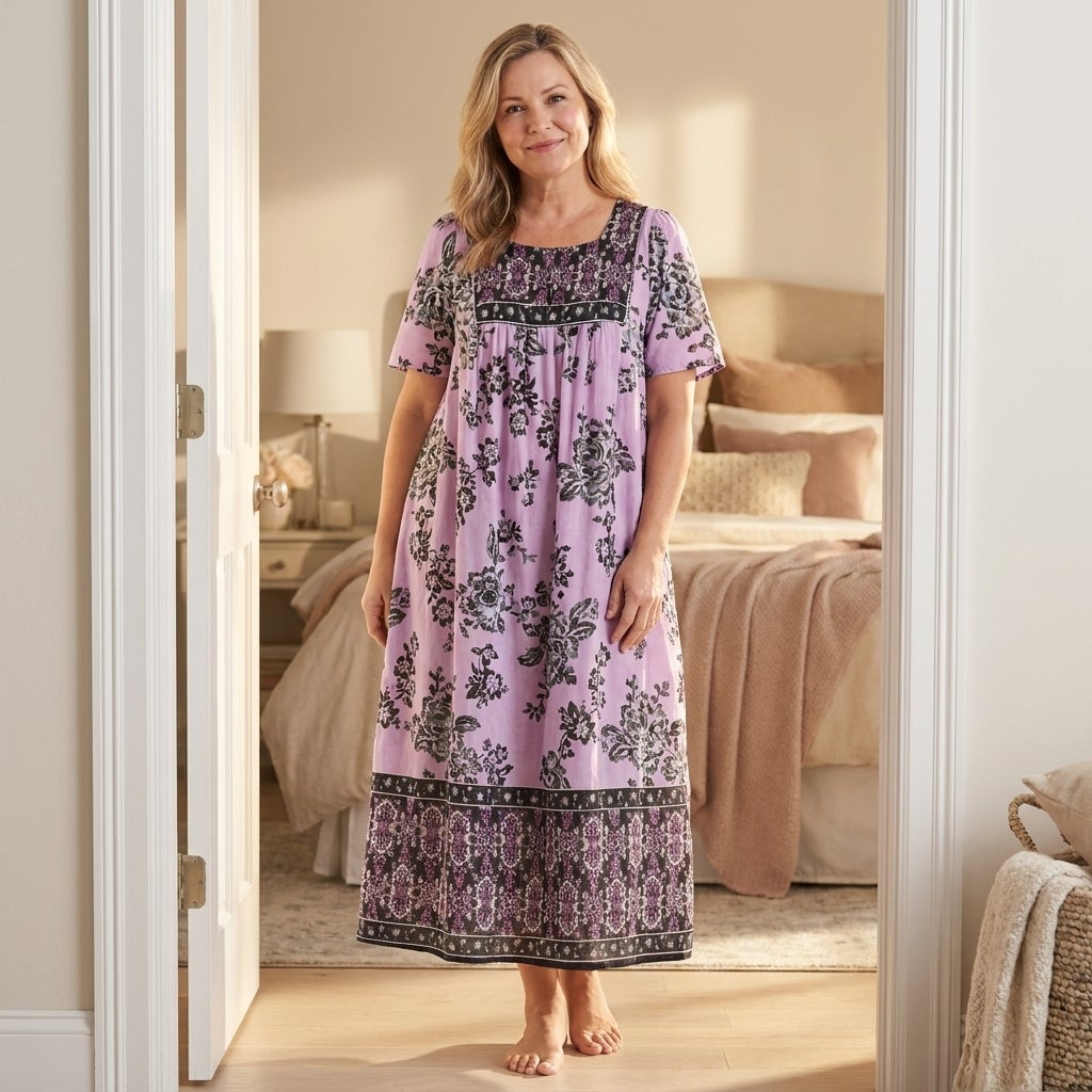 Woman in a bib-front maxi lounger standing in a sunlit bedroom doorway