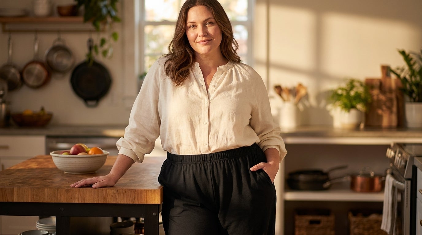 Woman in wide-leg pull-on knit pants with a covered elastic waistband in a sunlit kitchen