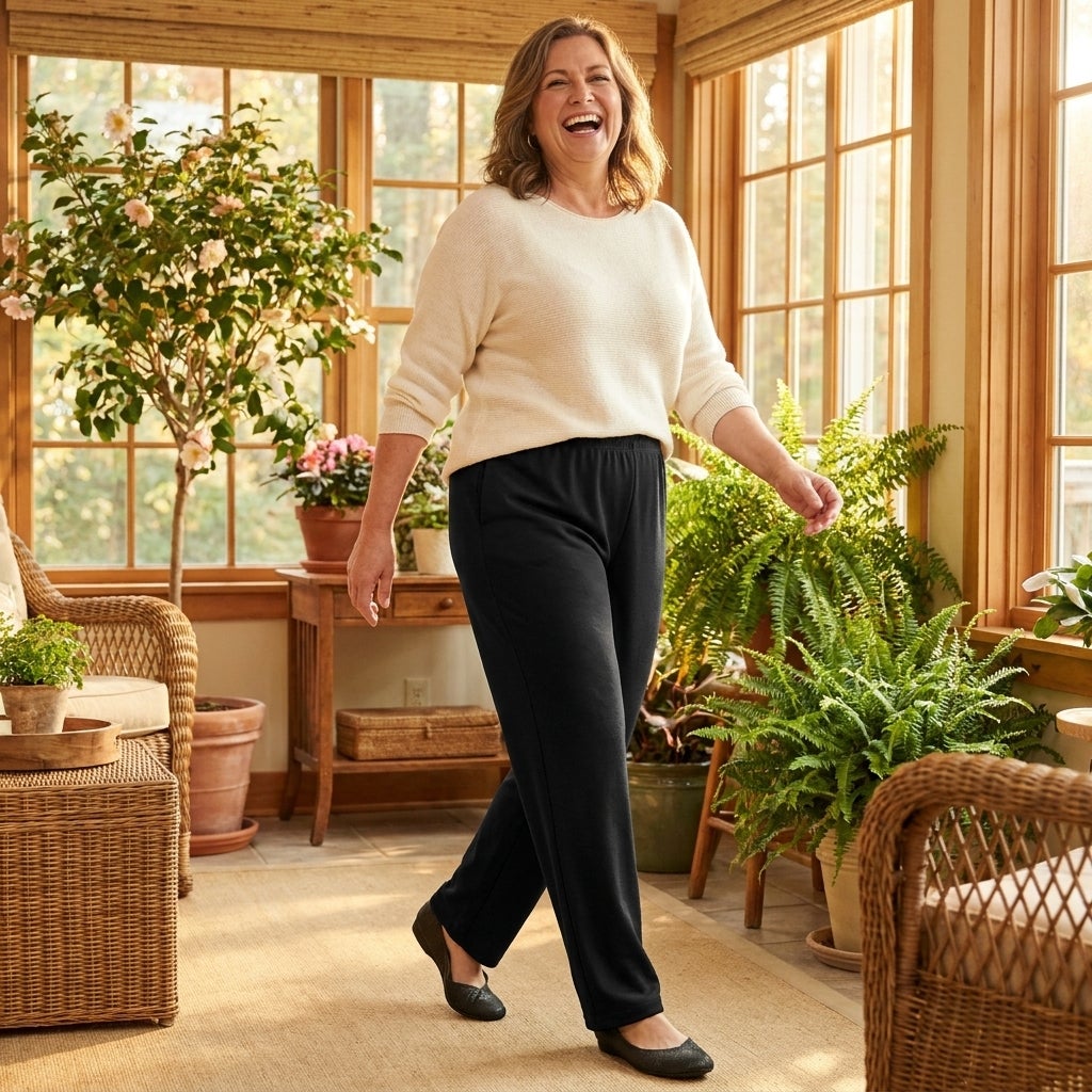 Woman walking and laughing in elastic-waist knit pants in a sunlit sunroom