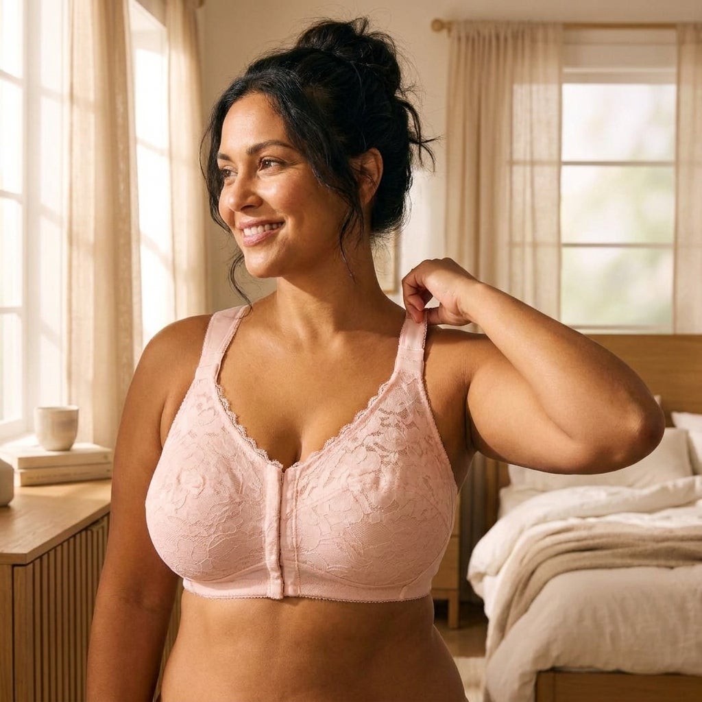 Woman adjusting the wide crisscross-back strap of a front-close wireless bra while getting dressed