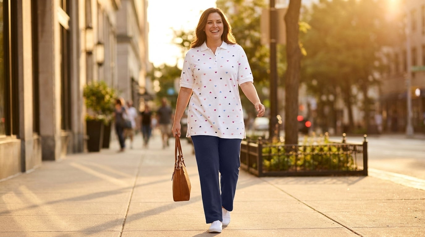 Woman in knit straight-leg pants and a tunic laughing on a city sidewalk