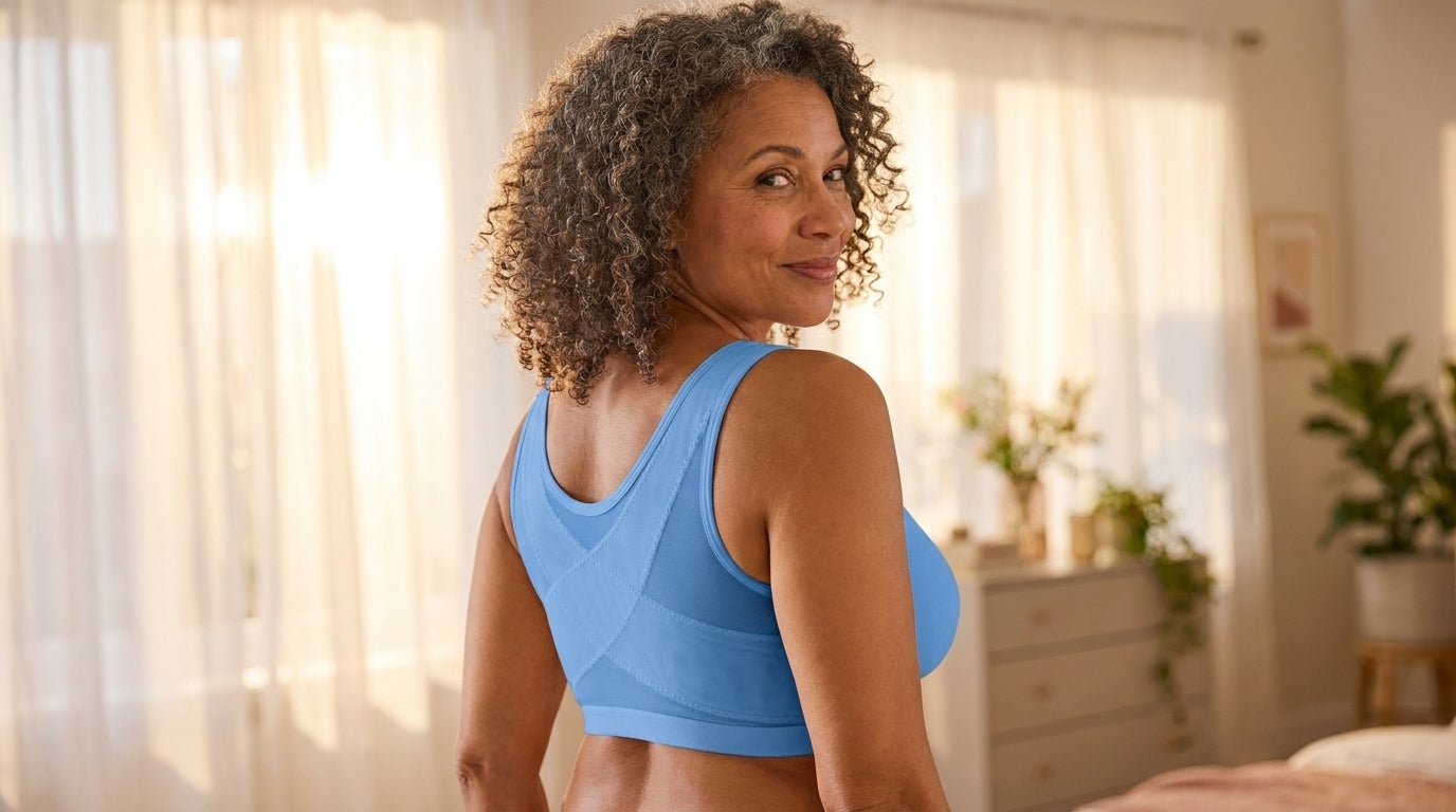 Woman smiling over her shoulder wearing a wireless posture bra in a sunlit bedroom