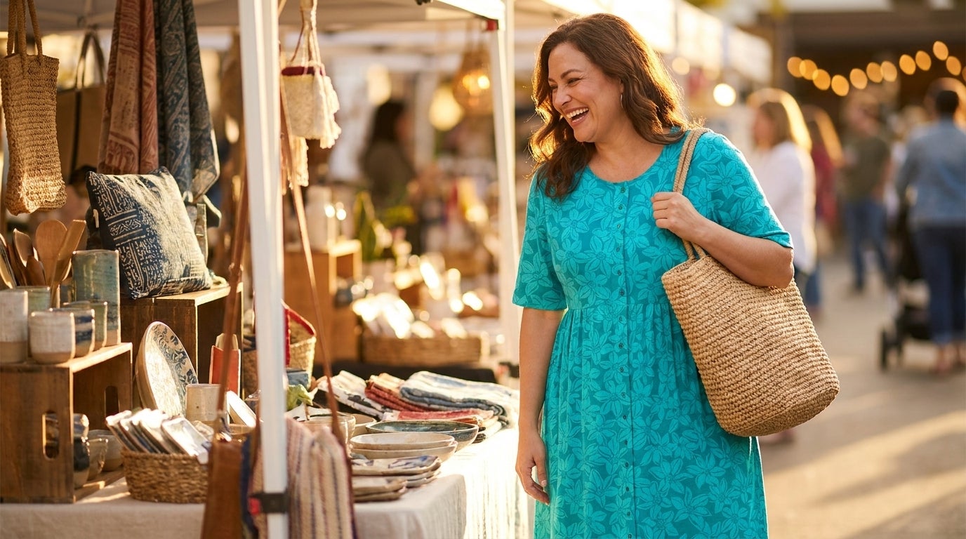 Woman in a knit button-front dress laughing at a sunlit outdoor market