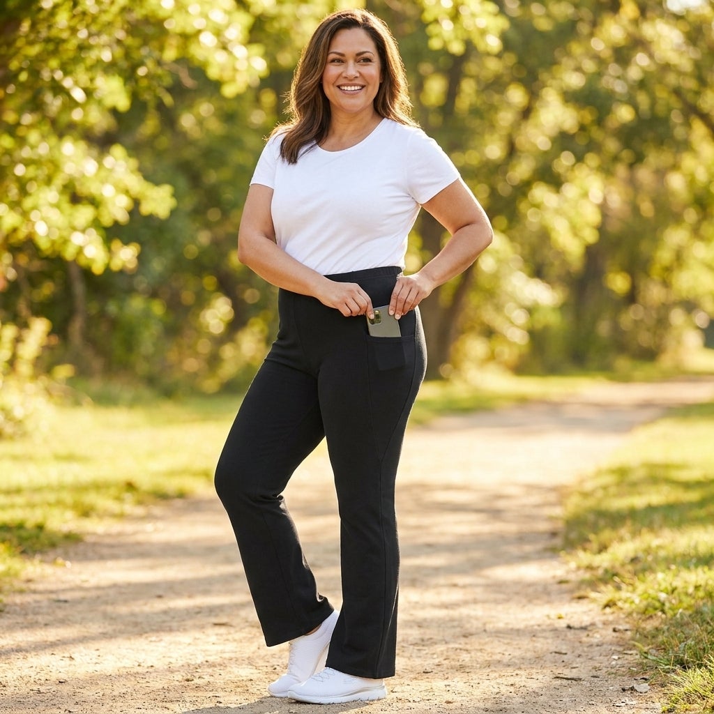 Woman bending to tie a shoe in bootcut stretch leggings, full range of motion
