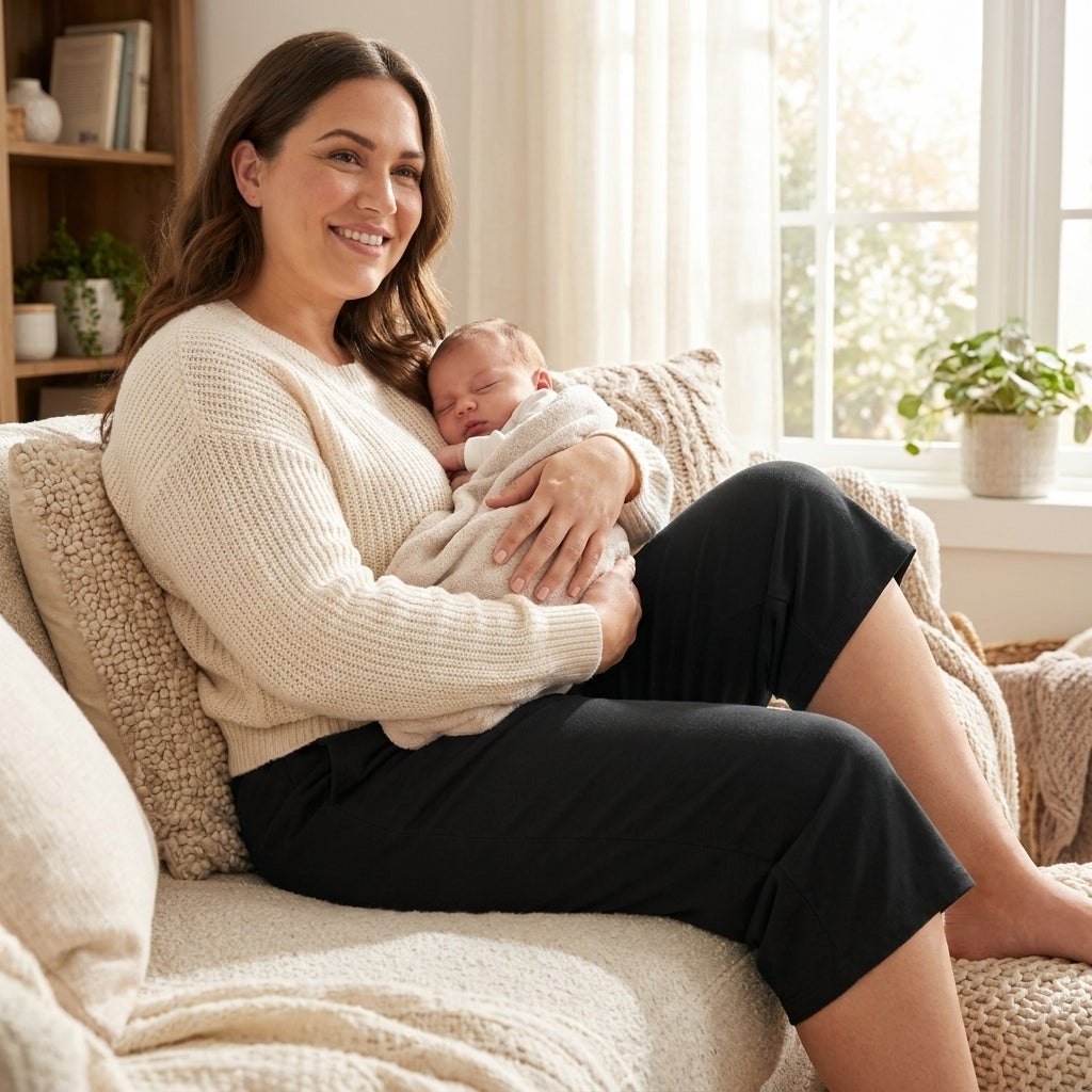 Woman seated on a sofa wearing pull-on knit capri pants with her baby