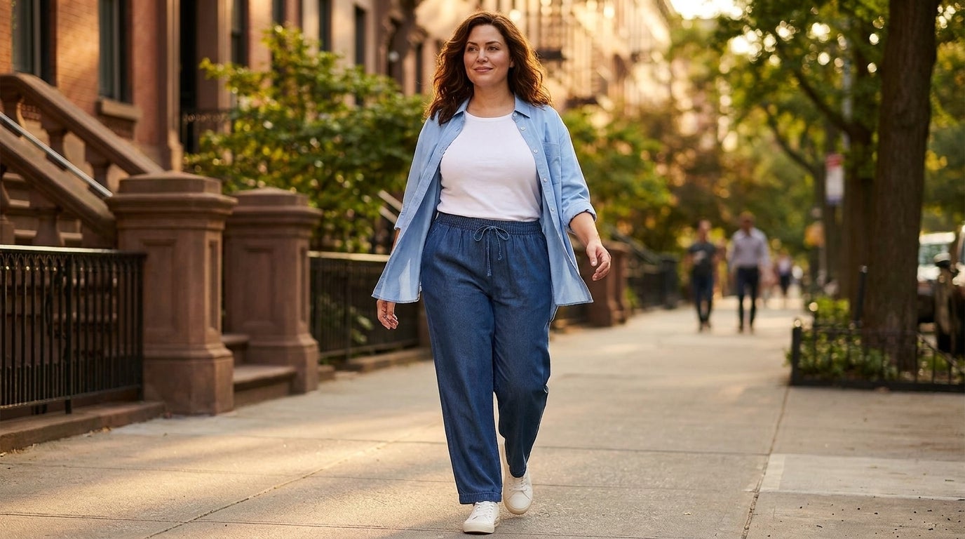 Woman walking confidently outdoors in straight-leg knit pants and a jacket