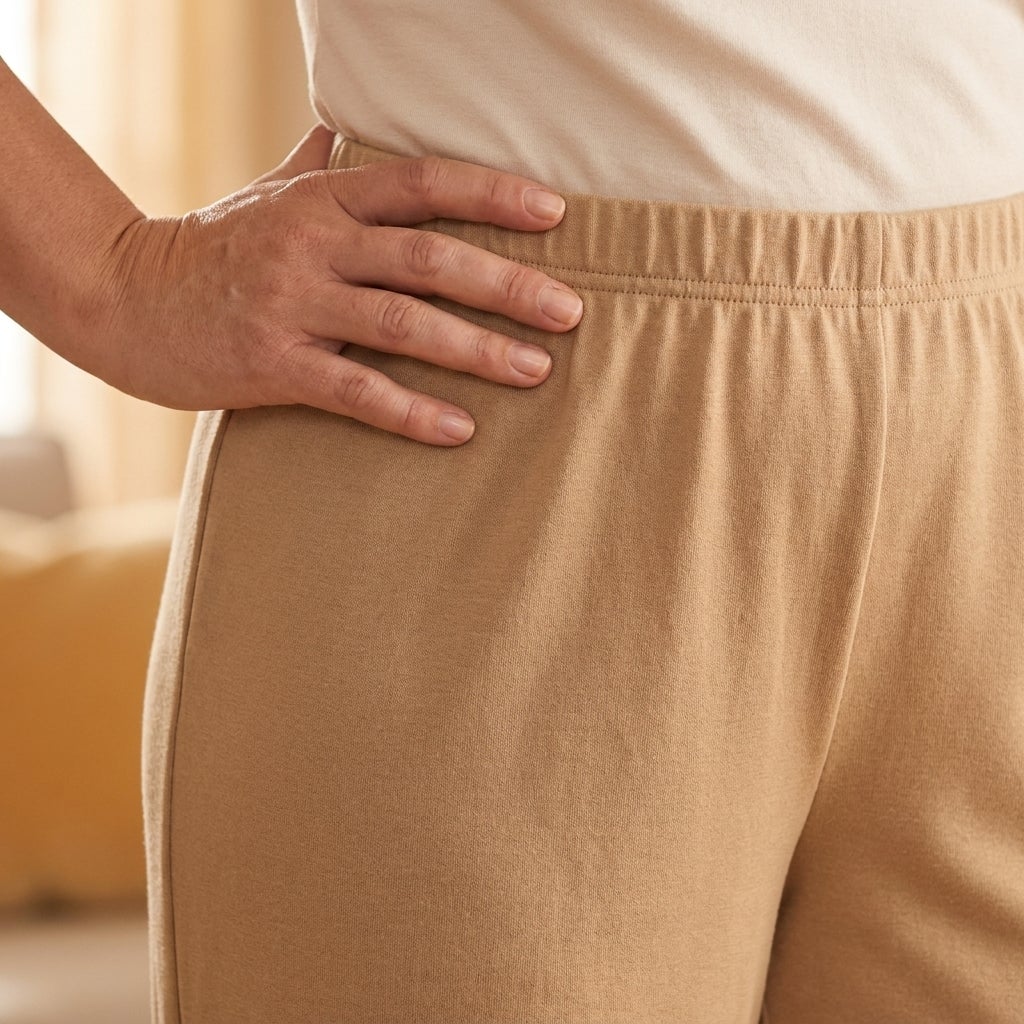 Close view of a covered elastic waistband sitting comfortably at the natural waist